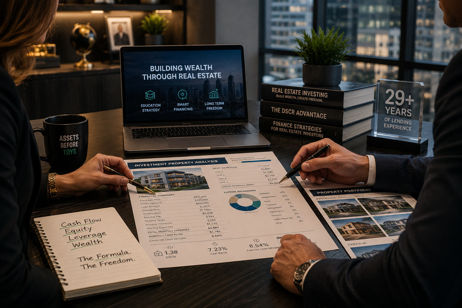 Experienced lending professionals reviewing an investment property financing scenario